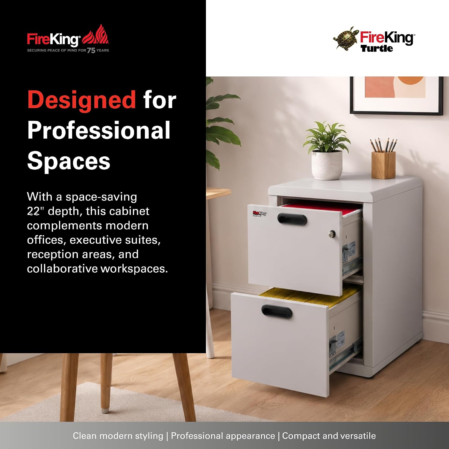 FireKing Turtle Vertical 2 Drawer Fire Rated File Cabinet, Black | 1 Hour Fire Rated Filing Cabinet - UL Class 350 - Water Resistant - Key Lock - Made in USA