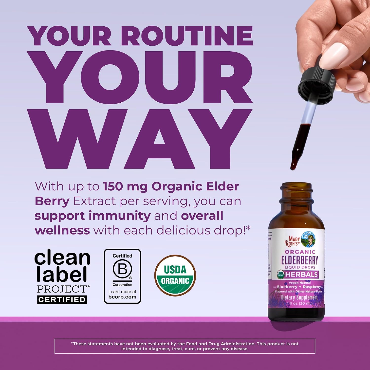MARYRUTH'S Elderberry Liquid Drops for Adults & Kids, 1 oz, Immune Support | Immune Support, 150mg Elderberry Extract, USDA Organic, Sugar Free, Vegan
