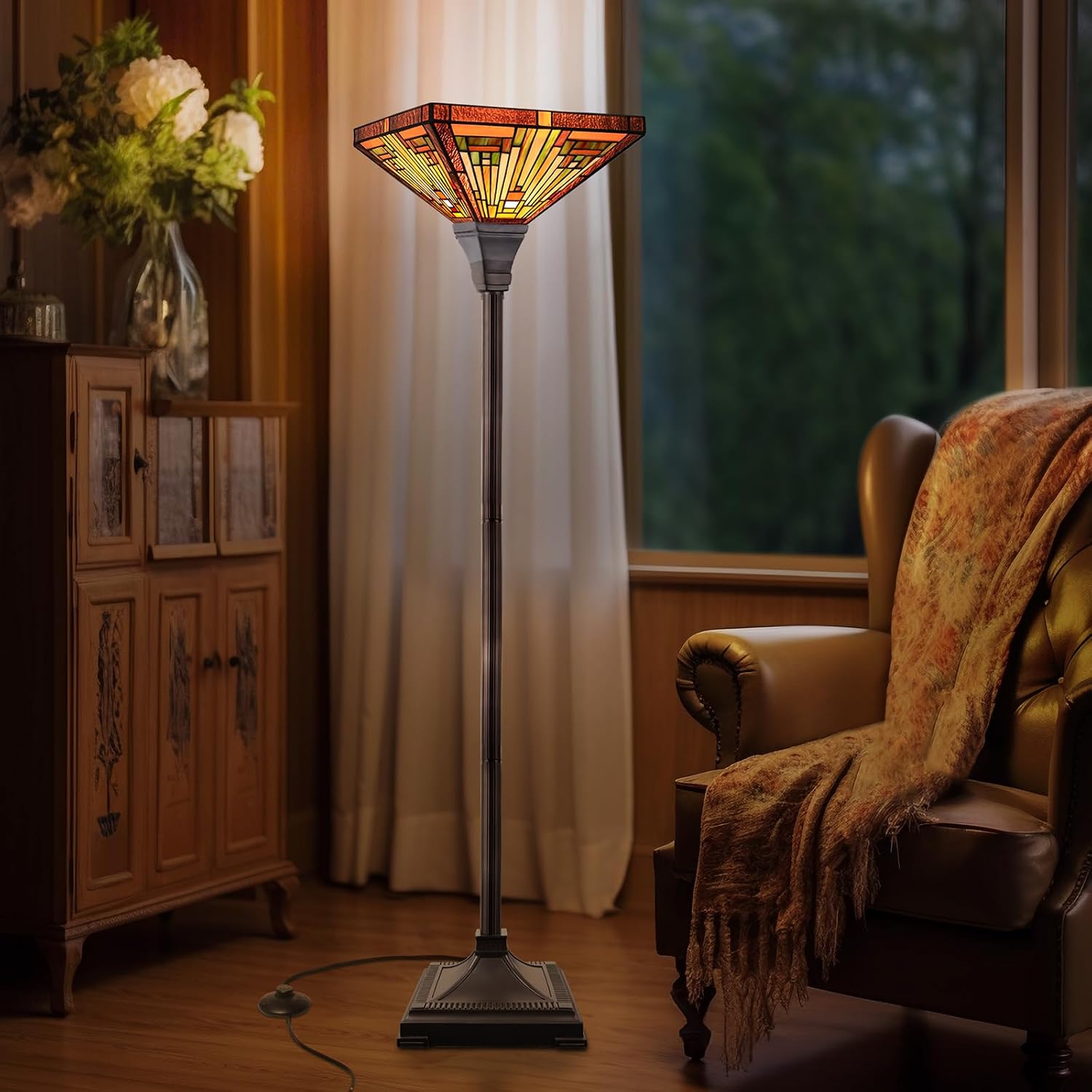 Capulina Tiffany Lamp Antique Amber Brown Stained Glass Torchiere Floor Lamp