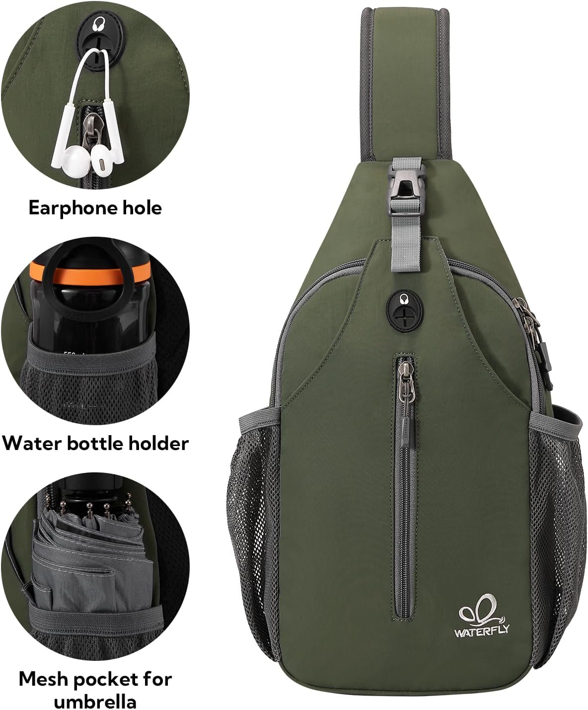 WATERFLY Crossbody Sling Backpack Sling Bag Travel Hiking Chest Bag Daypack (Black) | Small Hiking bag,Multi-compartment storage,Water-resistant,Breathable back pad,Reversible adjustable shoulder strap