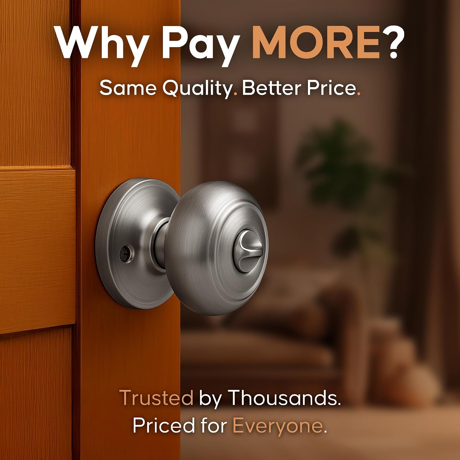 Copper Creek Colonial Privacy Interior Door Knob – ANSI Grade-3 Certified, Modern Heavy Duty Handle, Easy Install and Reversible for Bedroom, Bathroom and Closets – Satin Stainless (1 Pack)