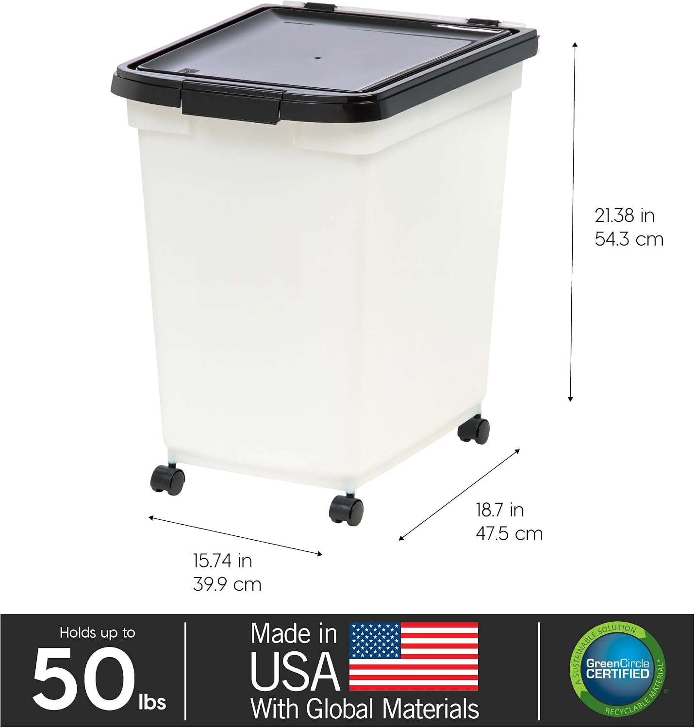IRIS USA Dog Food Storage Container, Up to 25 lbs, Black, Made in USA | Wheels for Mobility, Airtight Seal, BPA-Free, Best for Bird Seed, Cat food, Cat Litter, Chicken Feed, Pellets