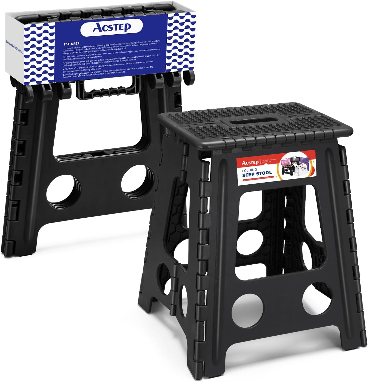 11 Inch Folding Step Stool for Kids, Non-Slip Foldable Stools, Black | Heavy Duty Collapsible Foot Stool, Lightweight with Built-in Handle, Holds 300 lb for Adults Kitchen Bathroom Bedroom Outdoor