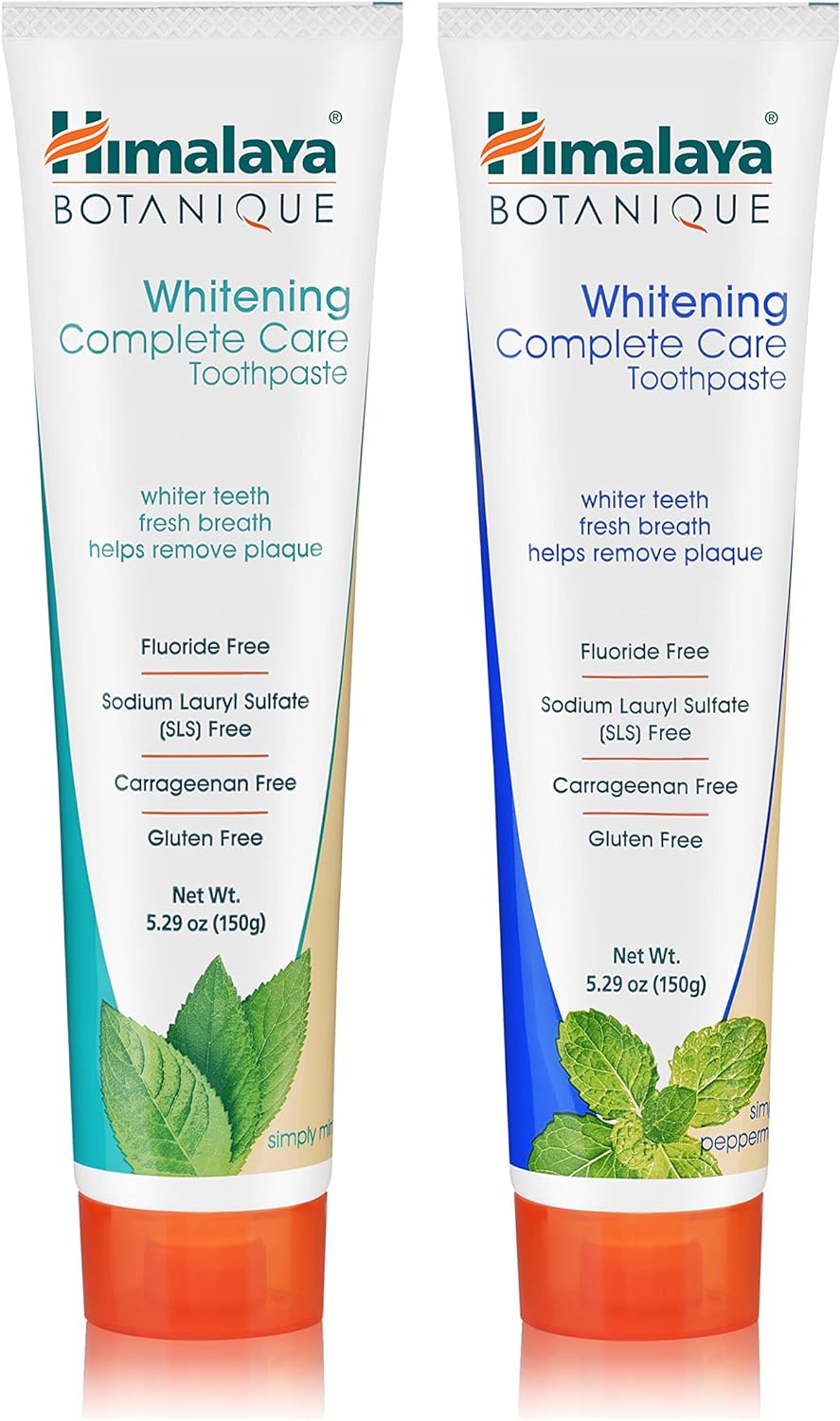 Himalaya Botanique Whitening Complete Care Toothpaste, Teeth Whitening, Fights Plaque, Fluoride Free, No Artificial Flavors, SLS Free, Cruelty Free, Foaming, Simply Mint Flavor, 5.29 Oz, 4 Pack