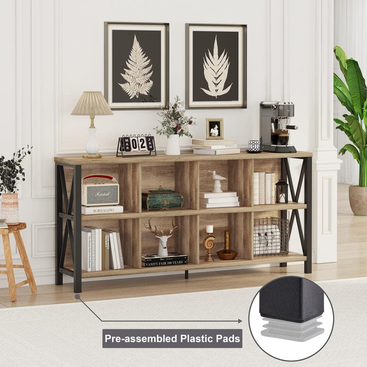 FATORRI 8 Cube Storage Organizer Bookshelf, 62 Inch Wood Horizontal Bookcase, Farmhouse Cube Long Book Shelf