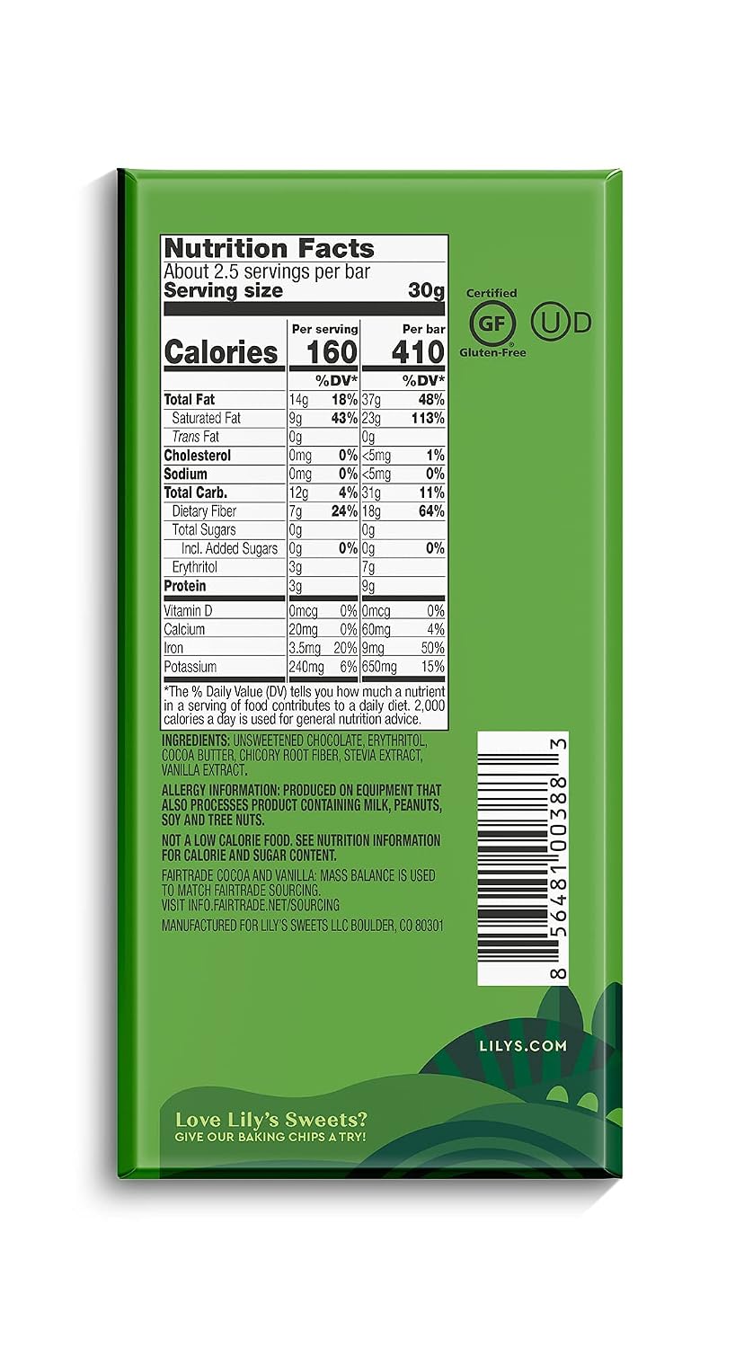 Extremely Dark chocolate Bar by Lily's | Stevia Sweetened, No Added Sugar, Low-Carb, Keto Friendly | 85% Cocoa | Fair Trade