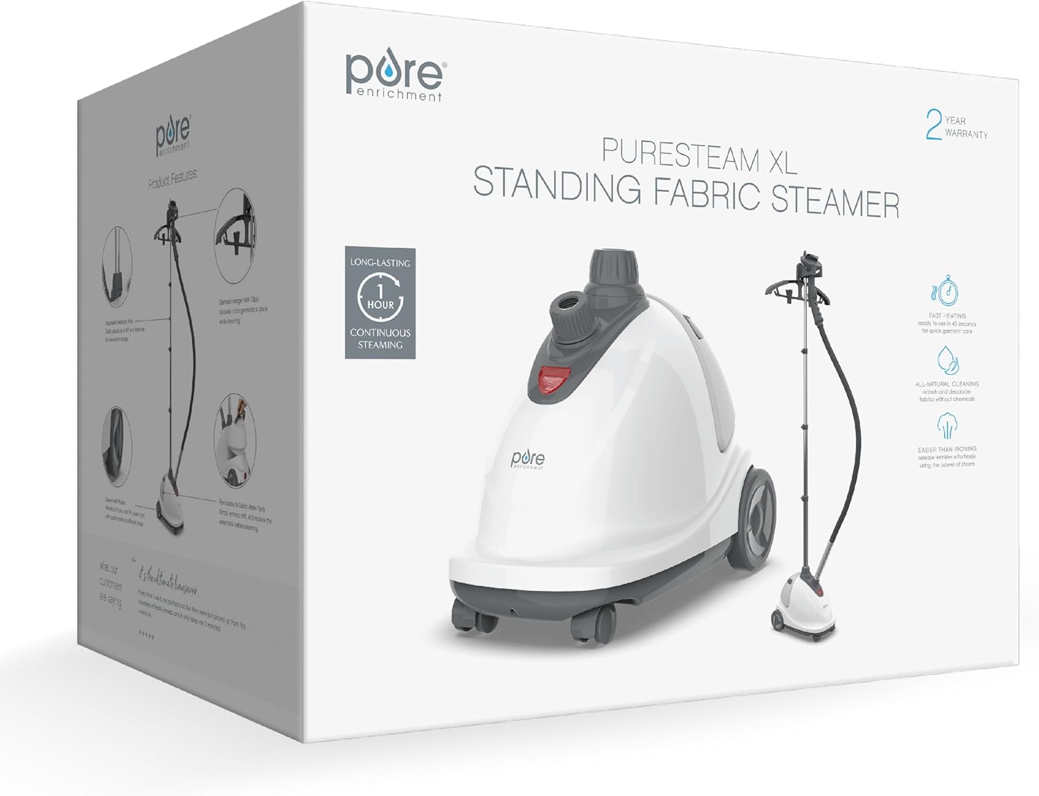 Pure Enrichment PureSteam XL Standing Fabric Steamer - Professional Wrinkle Remover Heats in 45 Seconds, 1/2-Gallon Tank for 1 Hour of Steaming
