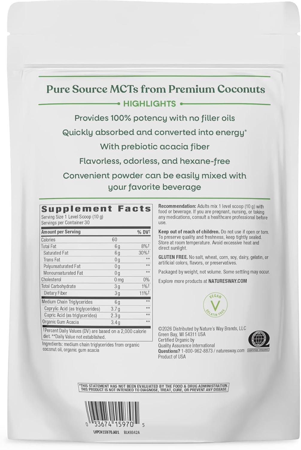 Nature's Way Organic MCT Oil, Brain and Body Fuel*, Keto & Paleo, 16 Fl Oz | Liquid Coconut MCT Oil with C8 Caprylic & C10 Capric Acids, 14 g Medium Chain Triglycerides per Serving, Non-GMO