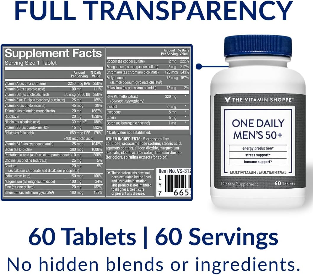 The Vitamin Shoppe Brand One Daily Men's 50+ Multivitamin, 60 Tablets | Includes Magnesium, Zinc, Calcium and More, Energy Stress & Immune Support