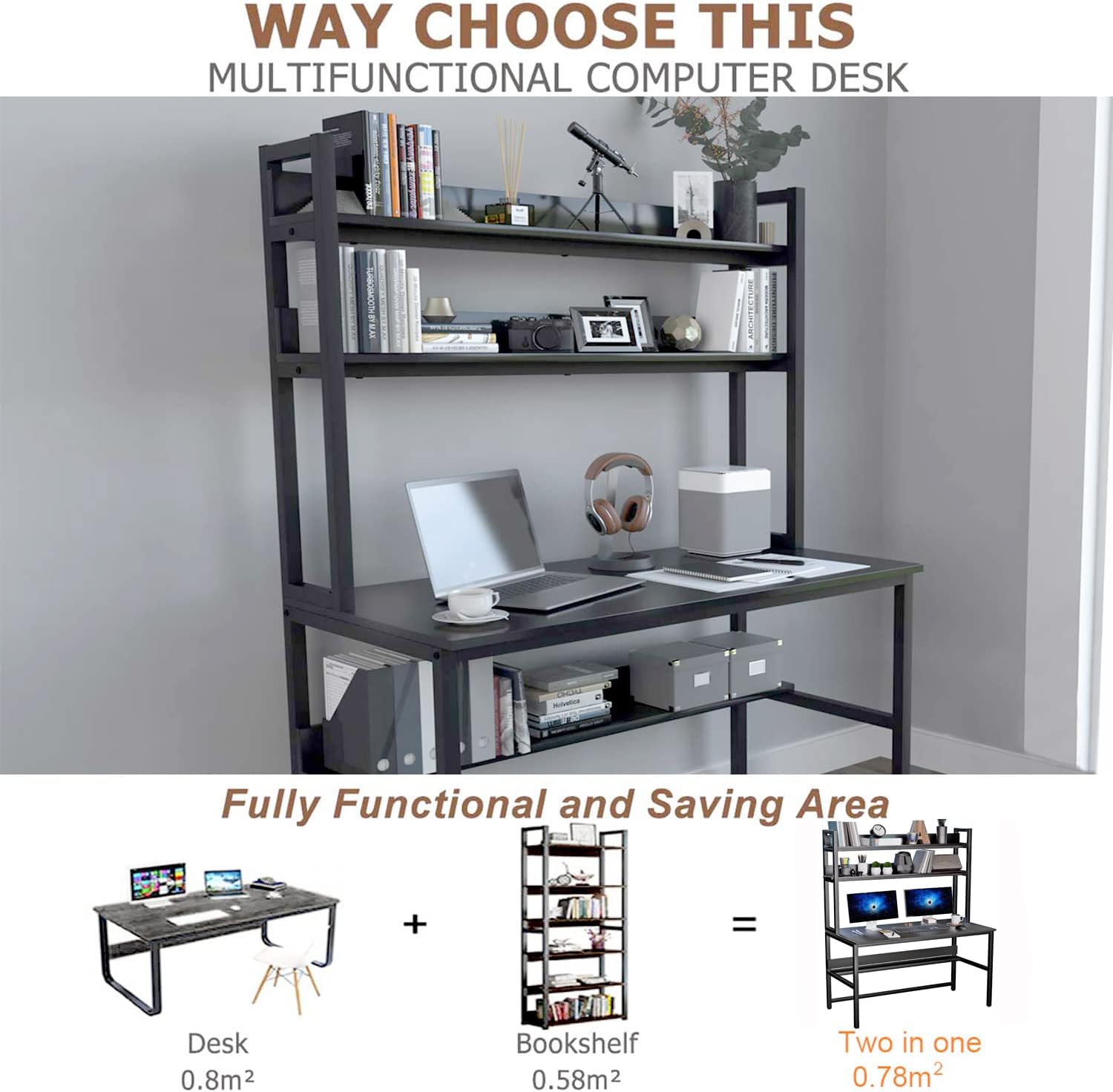 Aquzee Computer Desk with Shelves, 47" W x 23.6" D Gaming Desk with Hutch and Bookshelf