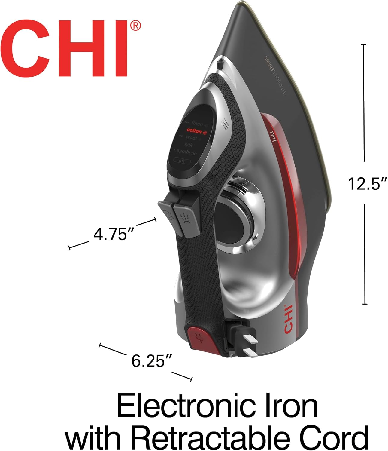 CHI Steam Iron for Clothes with Vertical Steam Burst, 8" Retractable Cord | Titanium Ceramic Soleplate, Electronic Temperature Control, 1700 Watts
