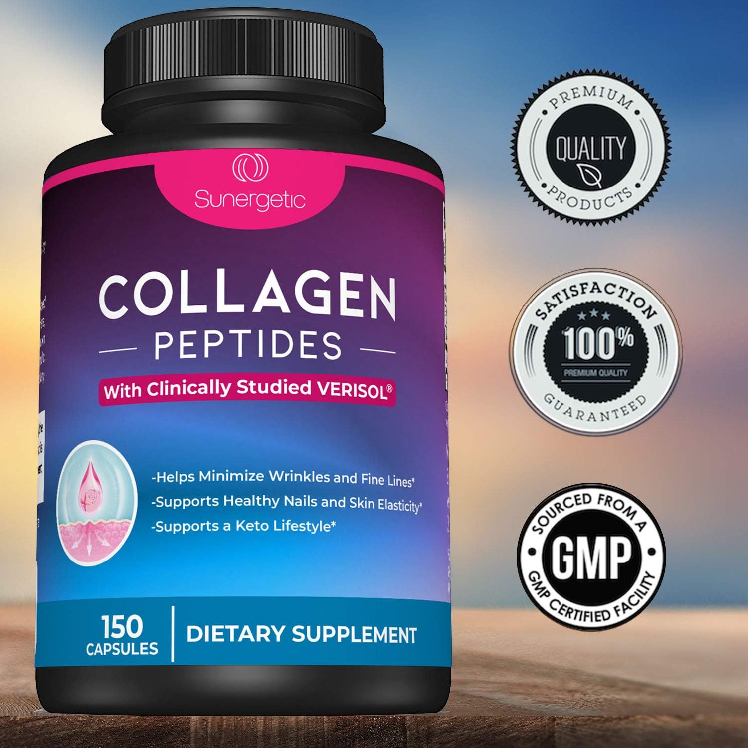 Sunergetic Premium Collagen Peptides Capsules – 2500 mg of VERISOL Collagen Peptides Type 1 & Type 3 – Multi Collagen Supplement to Support