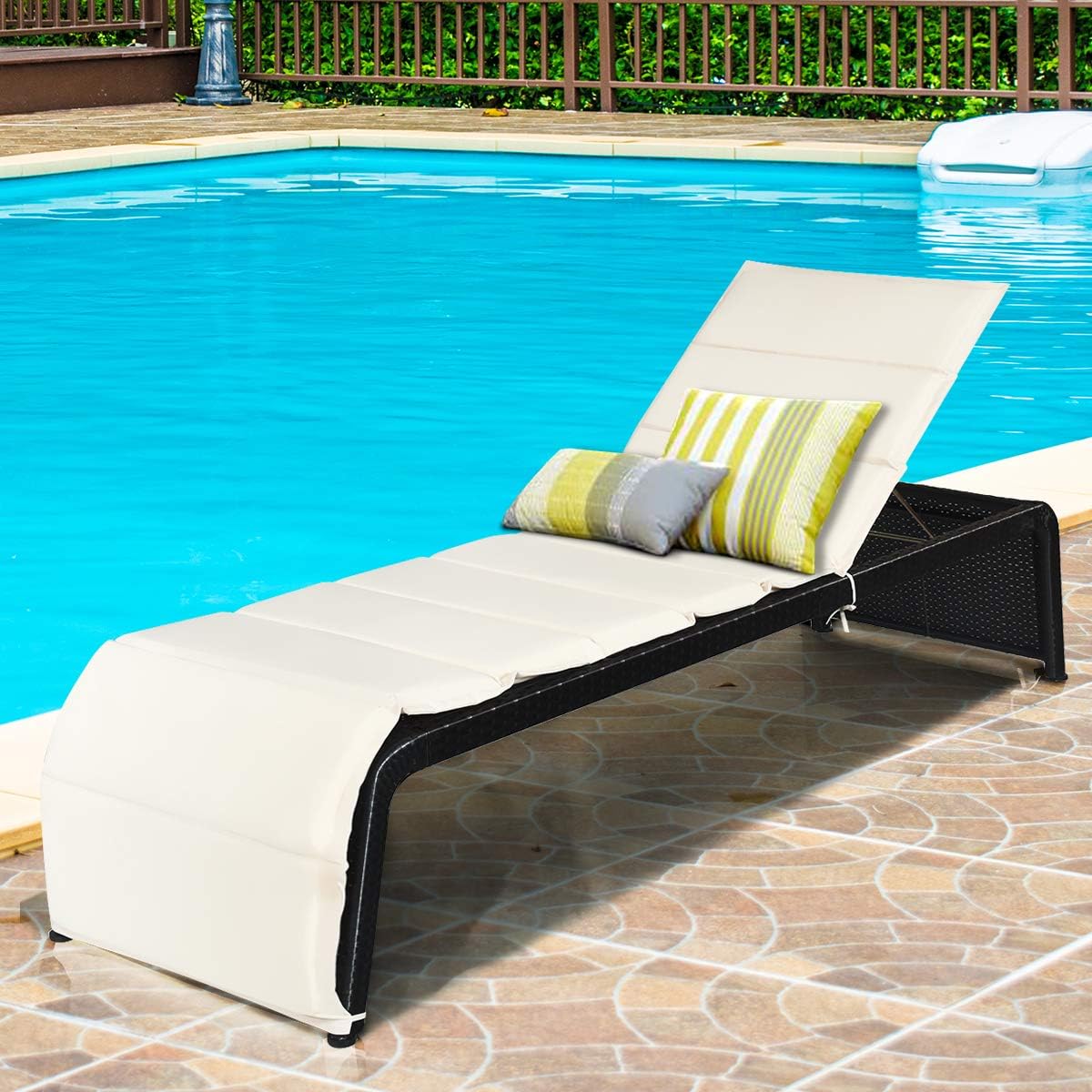 Tangkula Outdoor Chaise Lounge Chair, 5-Position Adjustable Rattan Recliner Chair w/Cushioned Seating and Adjustable Feet