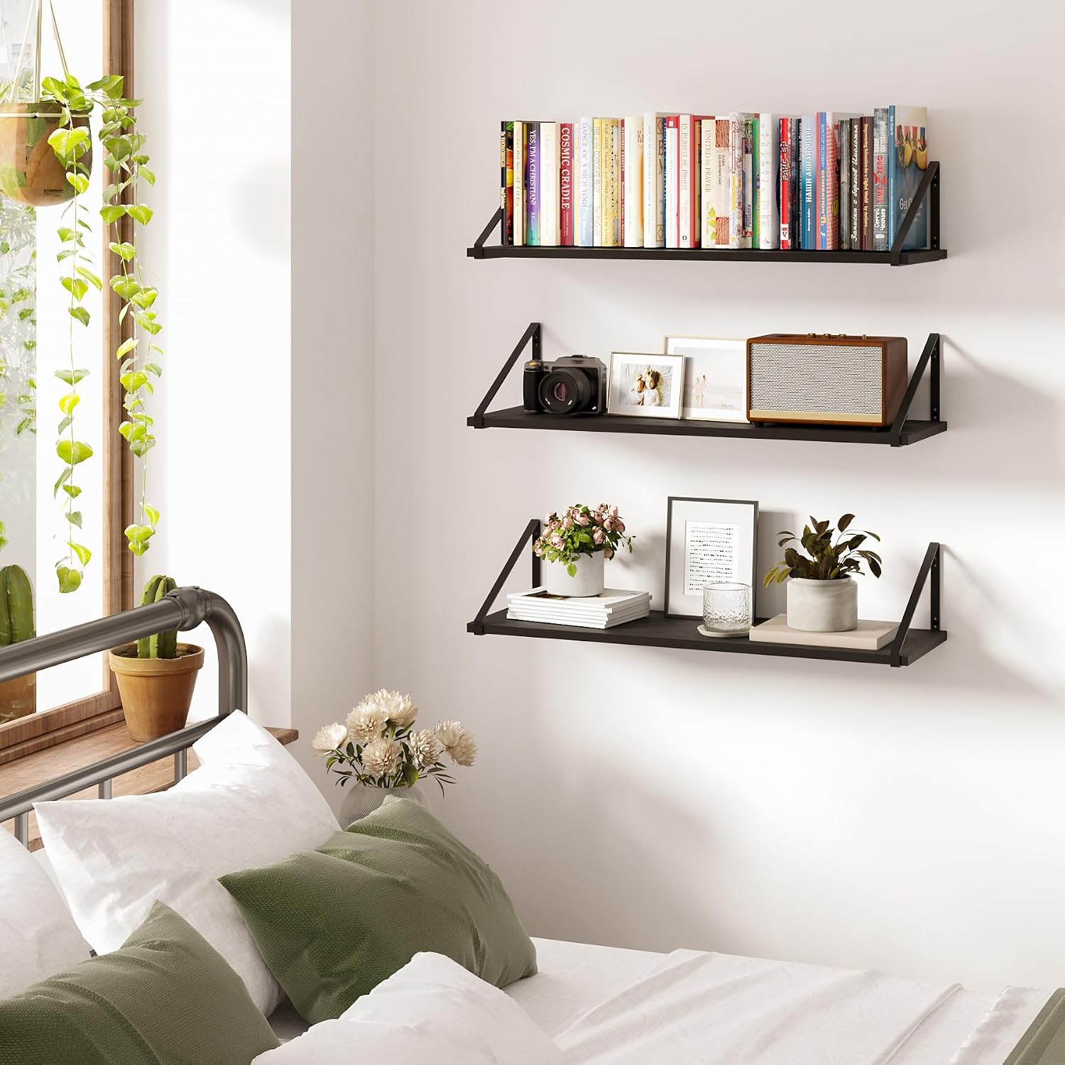 BAMEOS Floating Shelves Rustic Wood Wall Shelf, Small Bookshelf for Living Room, Office, Bedroom, with Metal Bracket