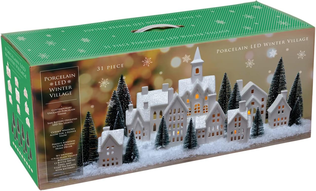 Mark Feldstein & Associates Winter Village LED Tea Light 31 Piece Porcelain Tabletop Christmas Figurine Boxed Set
