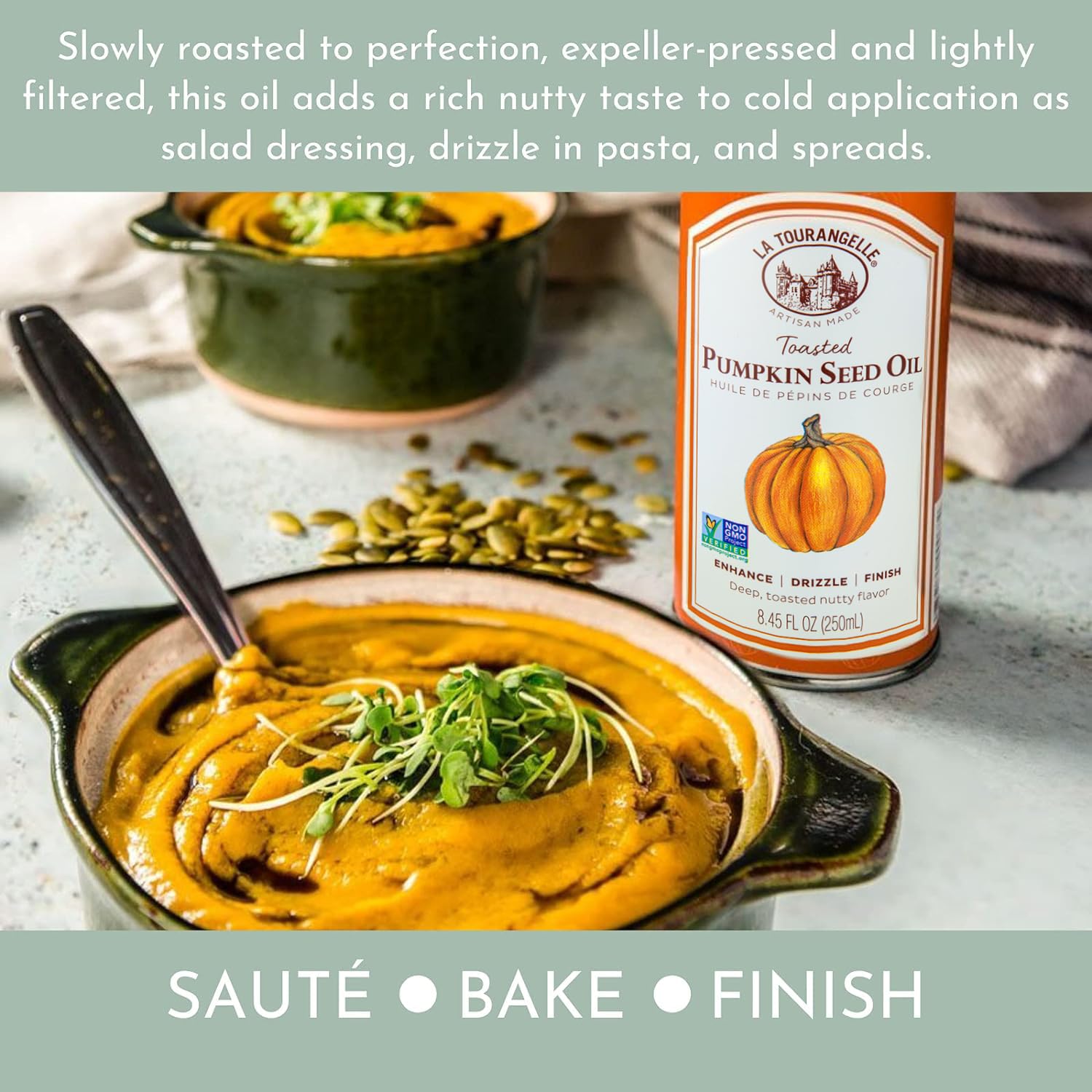 La Tourangelle Toasted Pumpkin Seed Oil, for Cooking, Dressings, 8.45 fl oz | Made Using Traditional Styrian Techniques, Great for Pastas and Spreads, Health and Beauty Oil, Gluten Free, Non-GMO