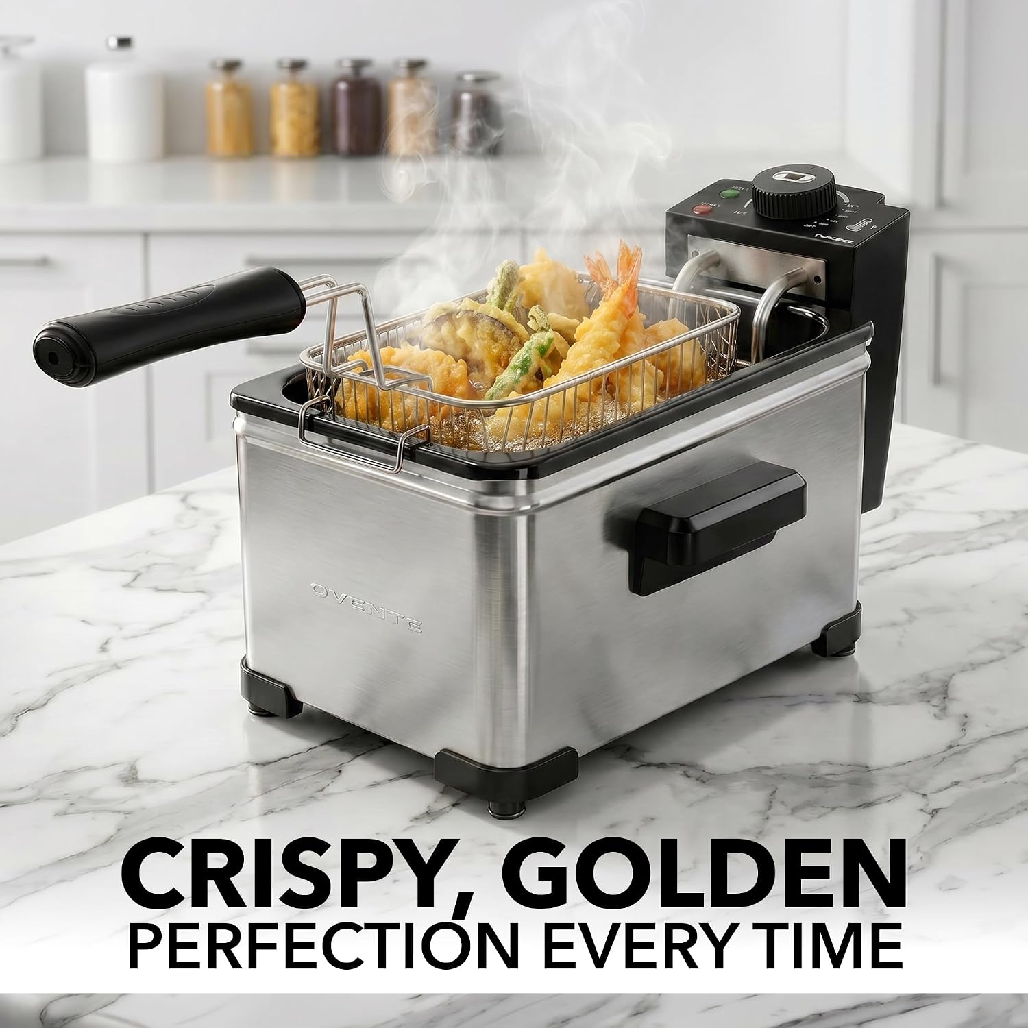 OVENTE Electric Deep Fryer, 0.9L Capacity, 840W, Silver FDM1091BR | Adjustable Temperature Knob, Locking Lid, Removable Frying Basket and Cool Touch Handle, Easy to Clean Stainless Steel Body