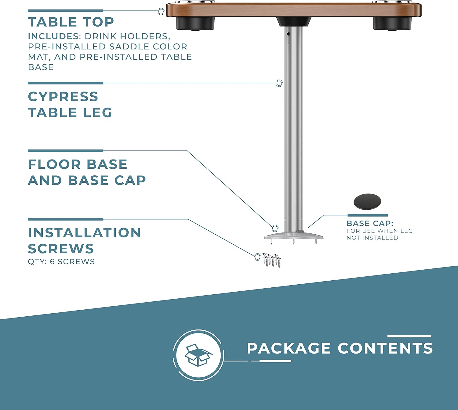 Manufacturers' Select ITC Boat Table Set - 18"x34" Removable Pontoon Boat Table with Center Non-Slip Mat, Pedestal Leg, 4 Drink Holders