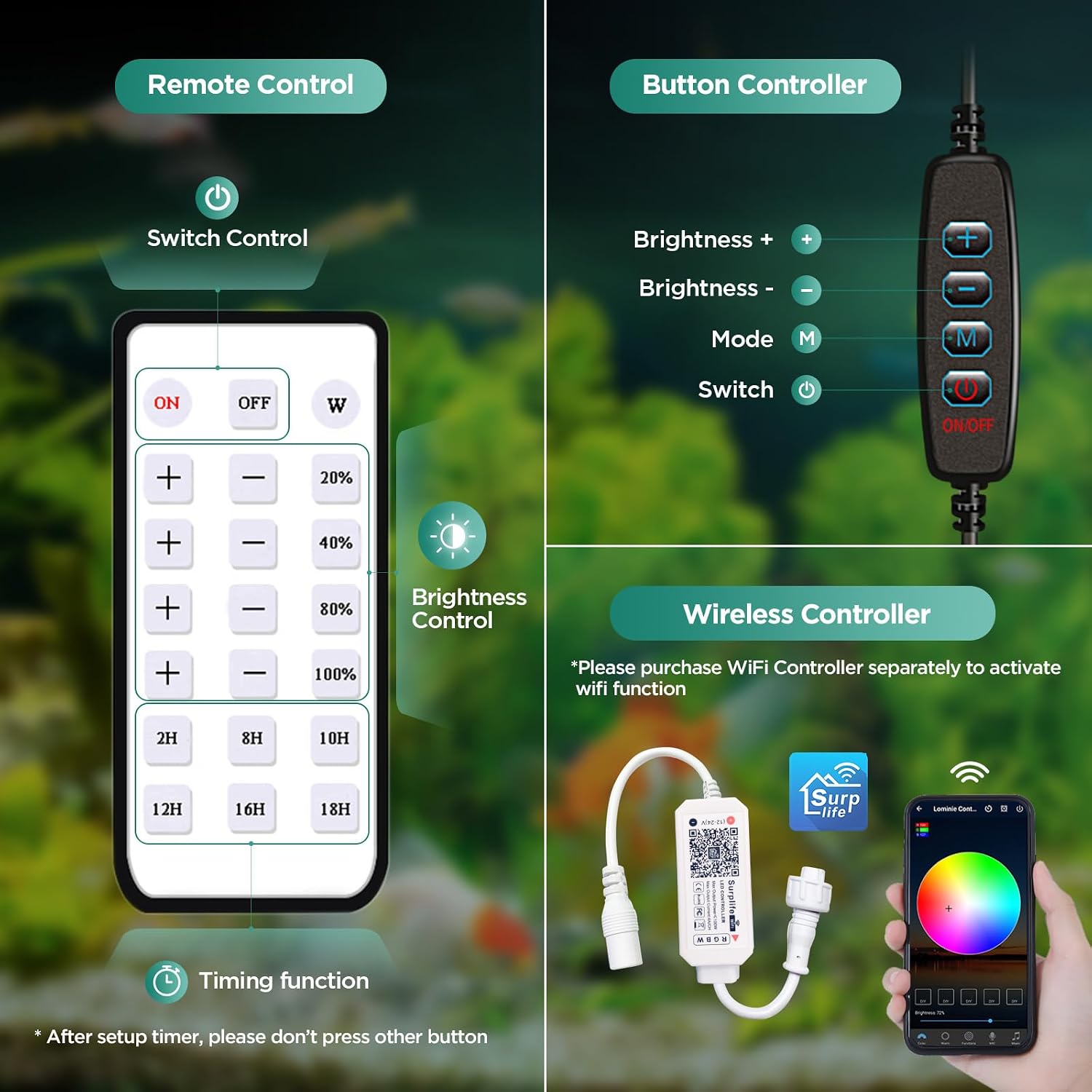 Lominie LED Aquarium Light, Planted Tank Light 4 Channels Remote Control 6500K Aquarium LED Lamp for Freshwater Fish Tank Refugium with Gooseneck (A20 Freshwater)