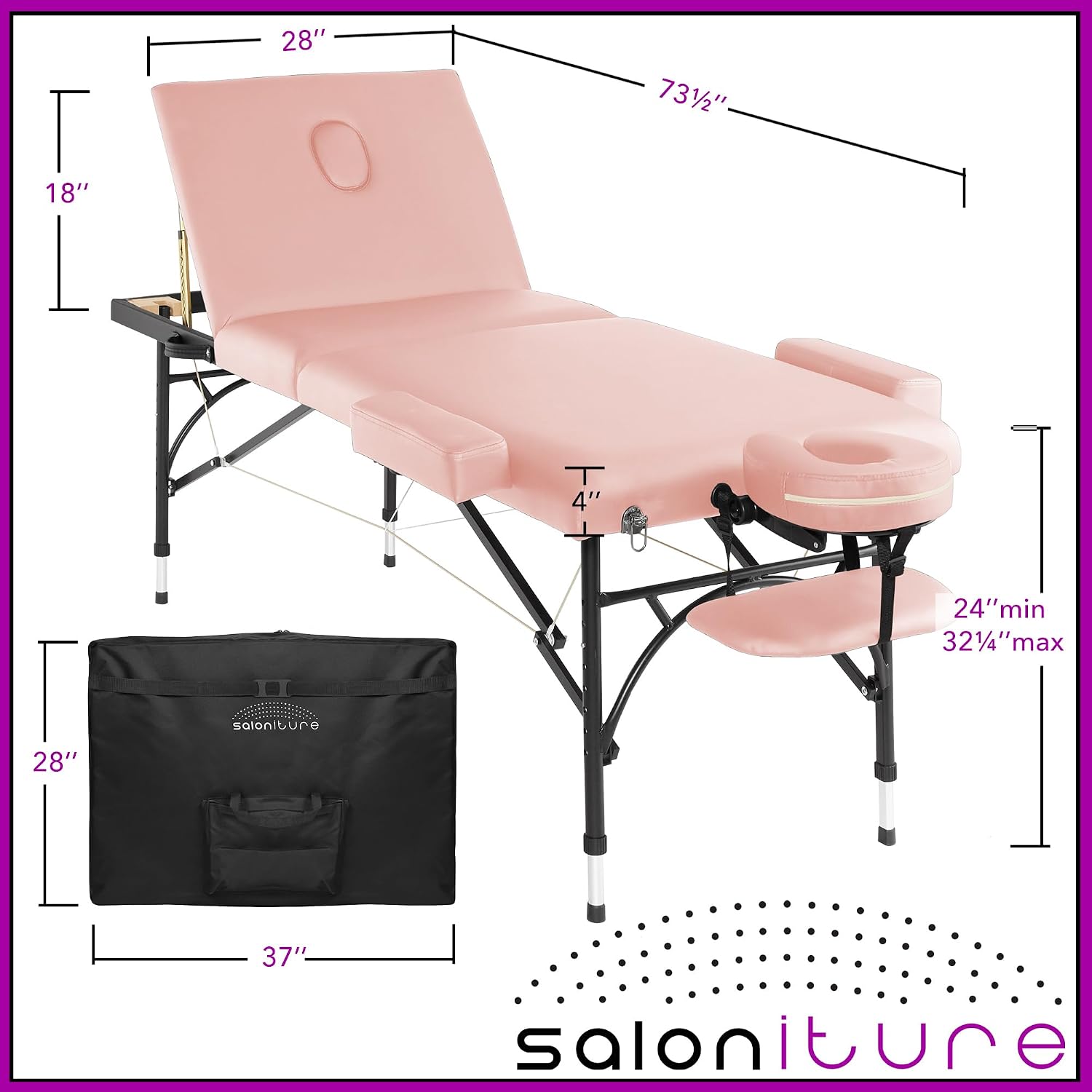 Saloniture Professional Portable Lightweight Tri-Fold Massage Table with Aluminum Legs - Includes Headrest, Face Cradle