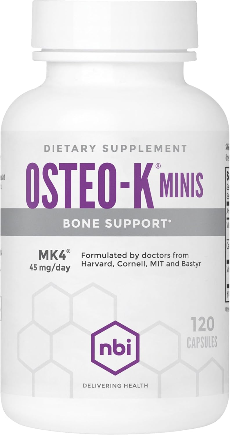 NBI Osteo-K Bone Support - Mini | Vitamin D & K Complex with Calcium Citrate Supplement | 45mg Vitamin K2 (MK4) for Strong Bone Health & Function | 120ct Veggie Capsules