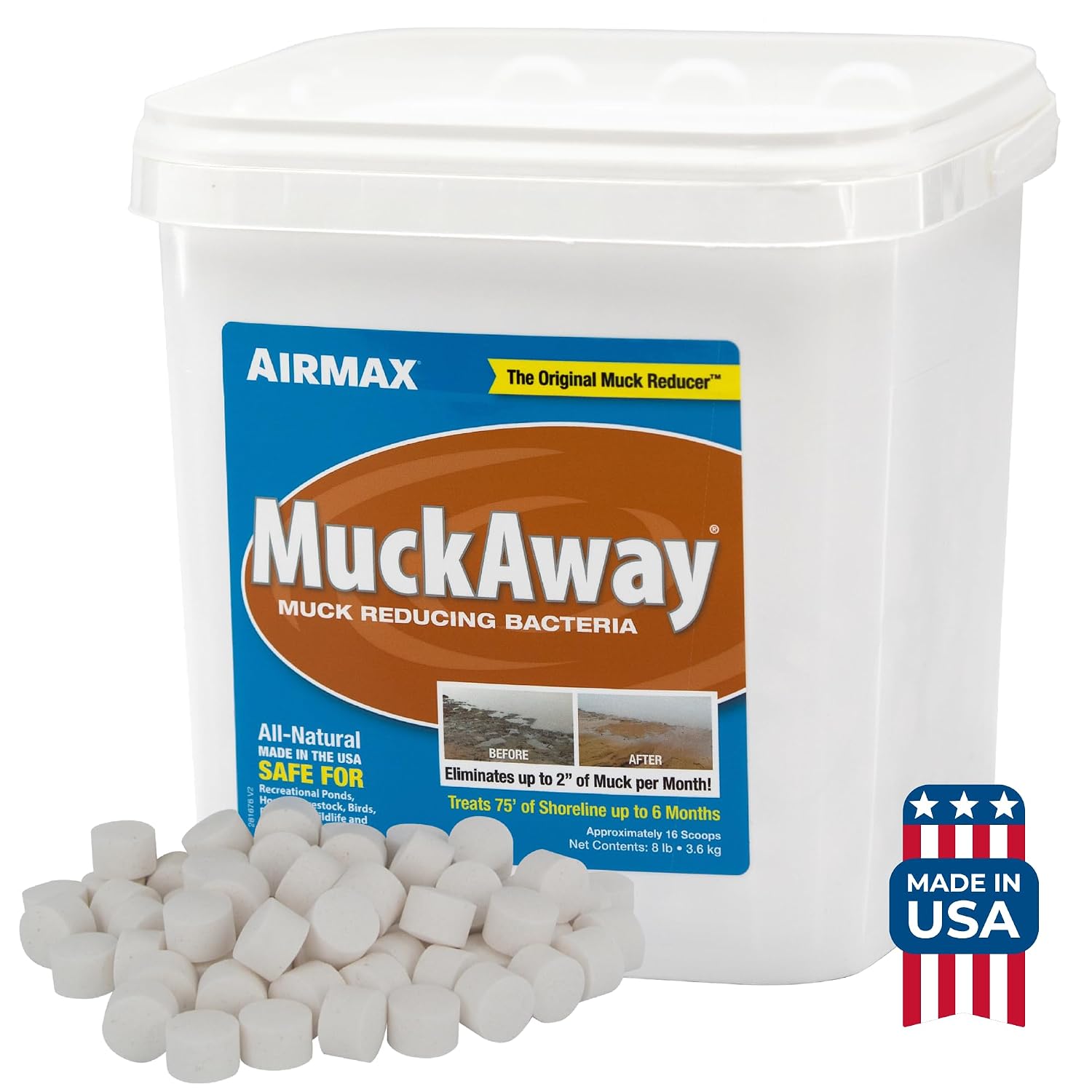 Airmax MuckAway Bacteria Enzyme Tablets for Ponds & Lakes, 16 Scoops | Natural beneficial bacteria muck, sludge & noxious odor solution for cleaner beaches & shorelines; fish, pet & wildlife safe