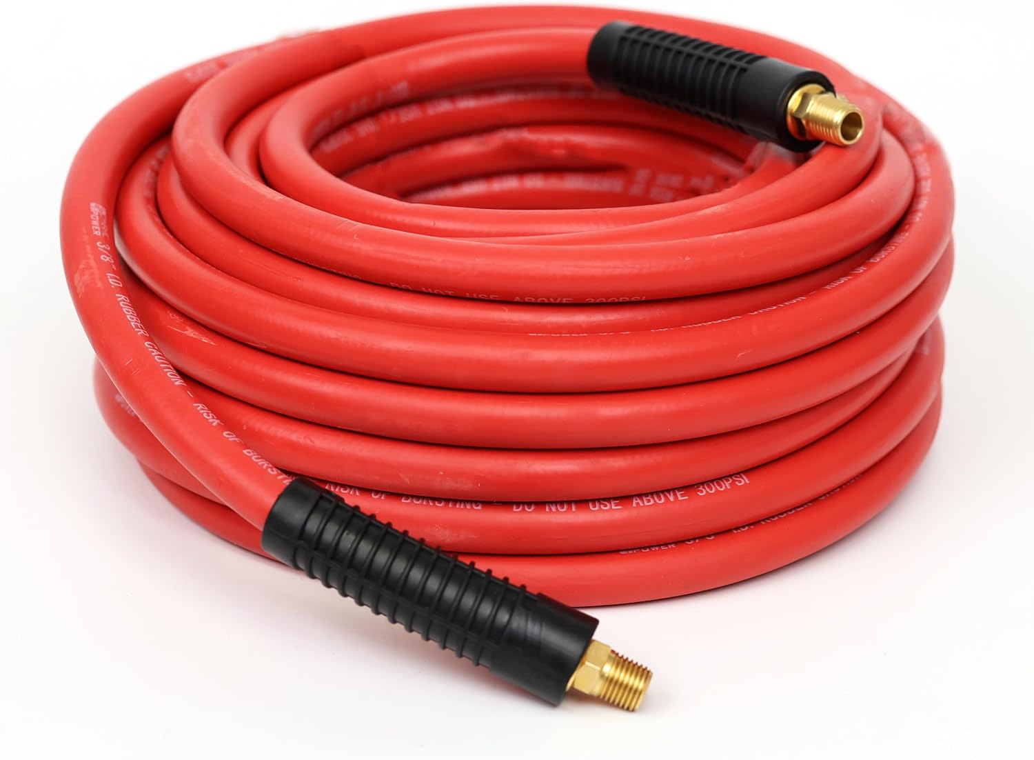 DYNAMIC POWER 3/8" x 50' Rubber Air Hose - 300 PSI - Assembly with 1/4" Male Pipe Thread Fittings & Bend Restictors (Red)
