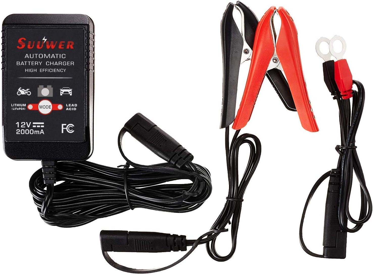 Suuwer Automatic Trickle Battery Charger, 12V 2000mA Battery Maintainer | for Car Motorcycle ATV Boat and More, With 12FT DC Cable