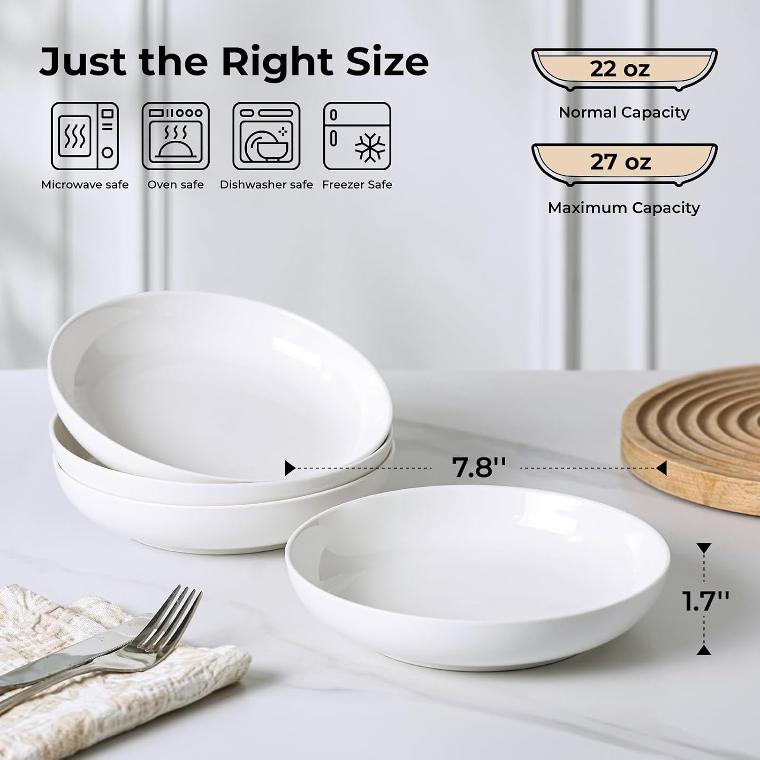 Y YHY 9.75" Large Pasta Bowls, 50 Ounces Big Salad Bowls, Ceramic Serving Bowl Set of 4, Wide and Shallow Bowls Set, Microwave and Dishwasher Safe, White