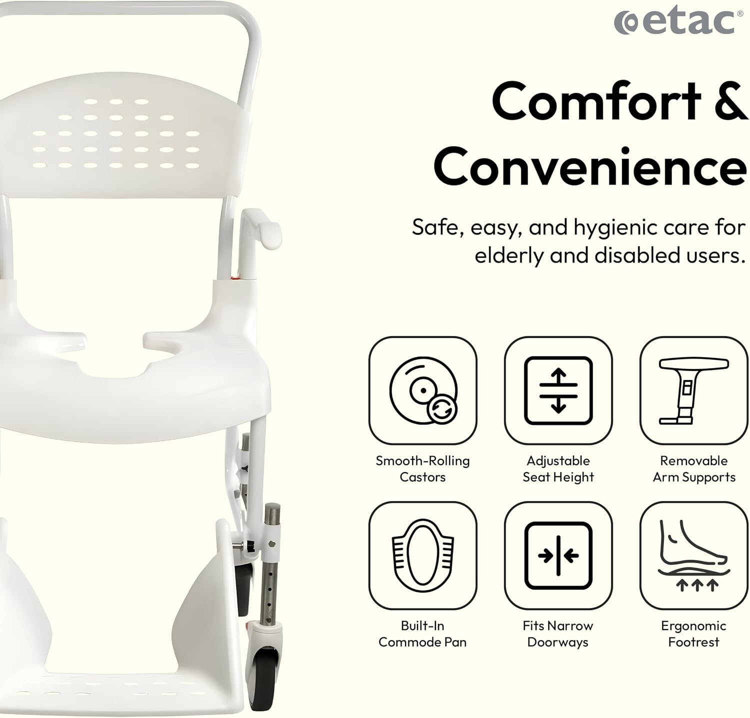 Etac Clean 24" Self-Propelled Shower Chair with Wheels - 21 3/4 Inch Fixed Height with 24 Inch Rear Wheels - Shower Wheelchair for Elderly and Disabled - Movable Armrest & Ergonomic Footrest