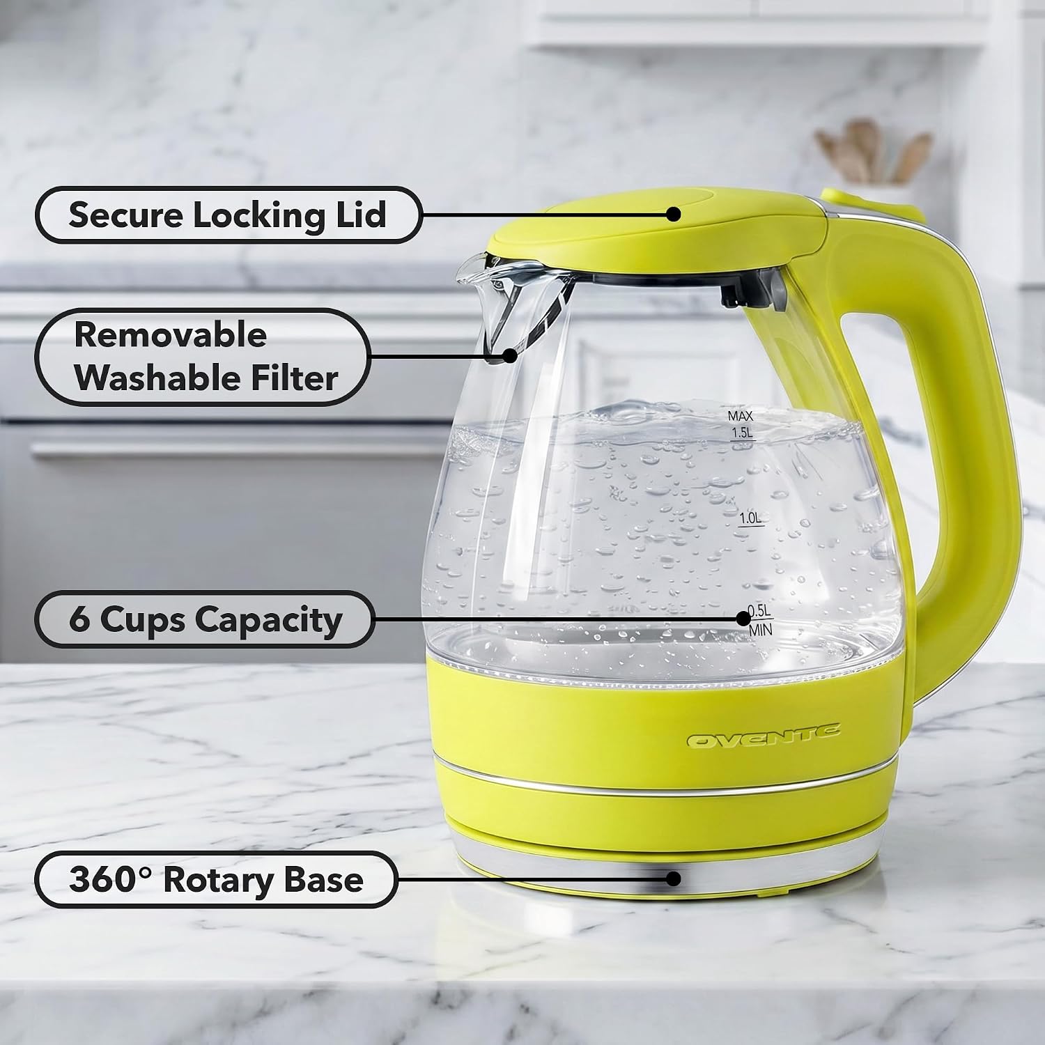 OVENTE 1.5L Glass Electric Kettle Water Boiler, Black KG83B | 1100W Fast Boiling, Borosilicate Glass, BPA-Free, Blue LED, Auto Shut-Off, Boil-Dry Protection, Removable Filter, 360° Base