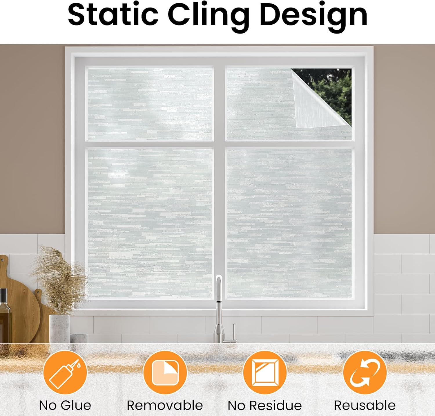 Haton Window Privacy Film, Frosted Stripe Non-Adhesive, 17.5" x 78.7"