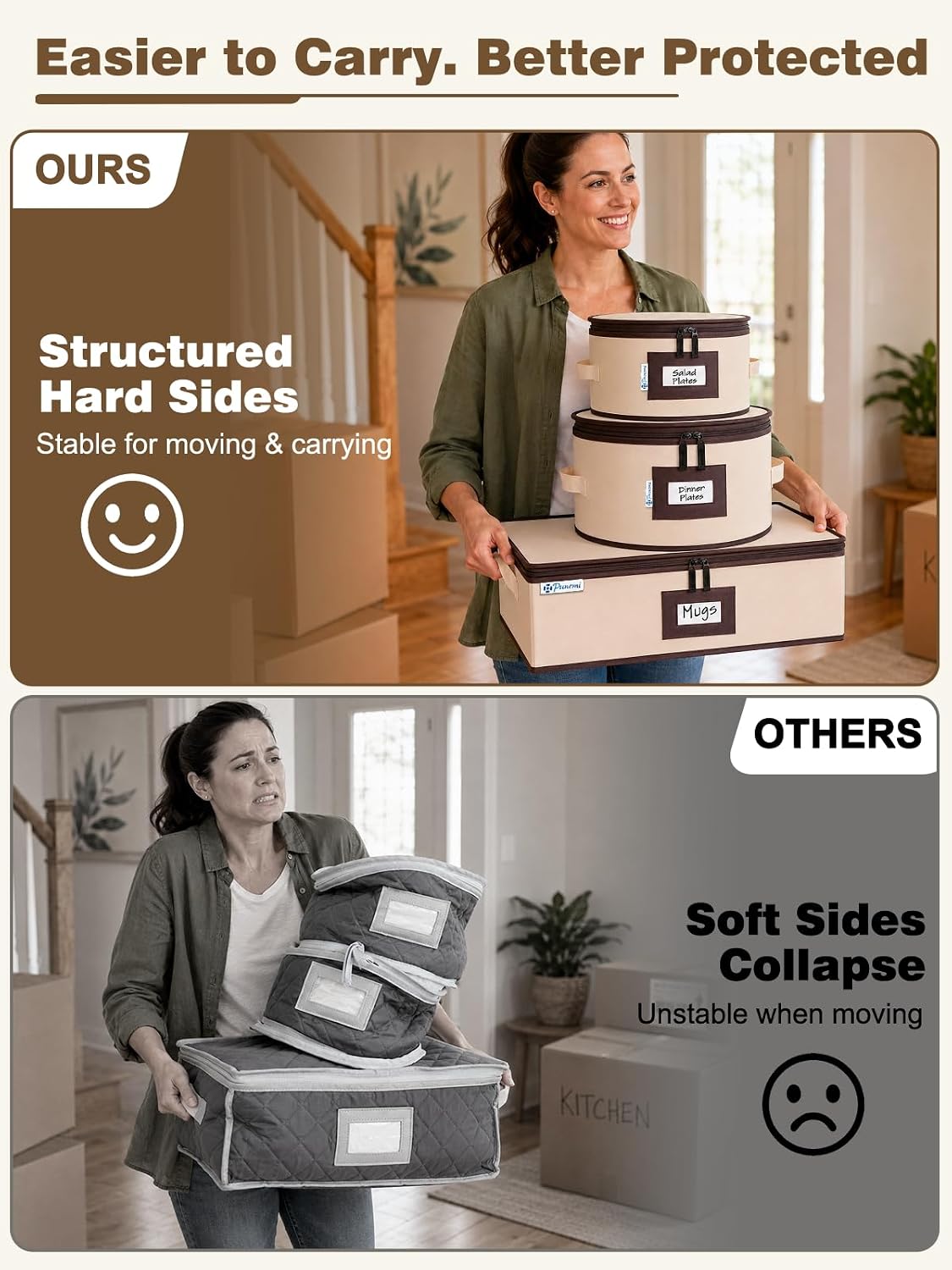 China Storage Containers, 4-Pack Hard Shell Plate & Dish Cases for Moving | Padded dividers and quilted lining protect plates and dishes; stackable for moving and holiday storage, beige hold set of 12