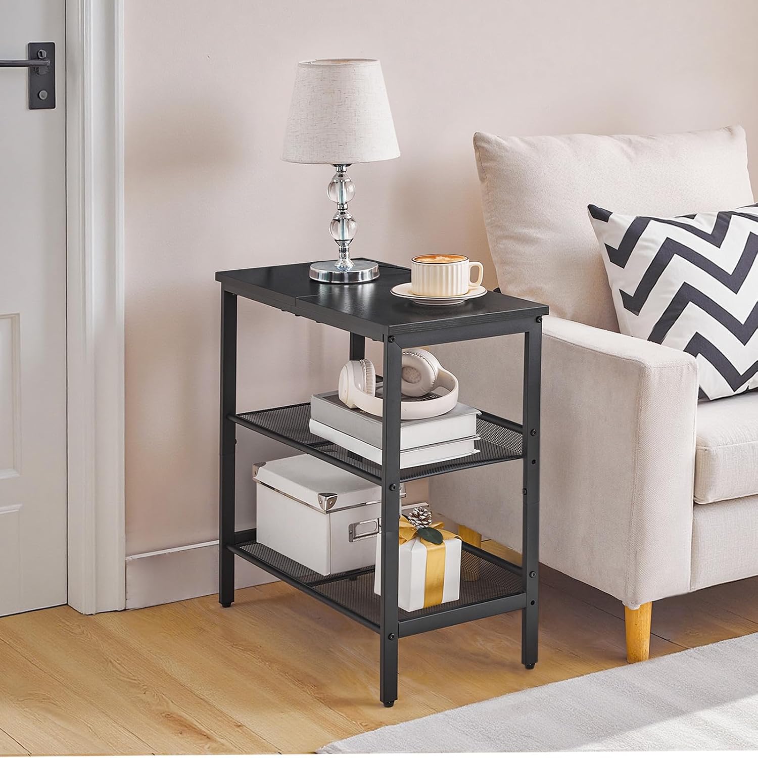 HOOBRO End Table, 3-Tier Narrow Side Table, Nightstand with 2 Flat or Slant Adjustable Shelves for Small Spaces, Hallway, Living Room, Bedroom, Sturdy