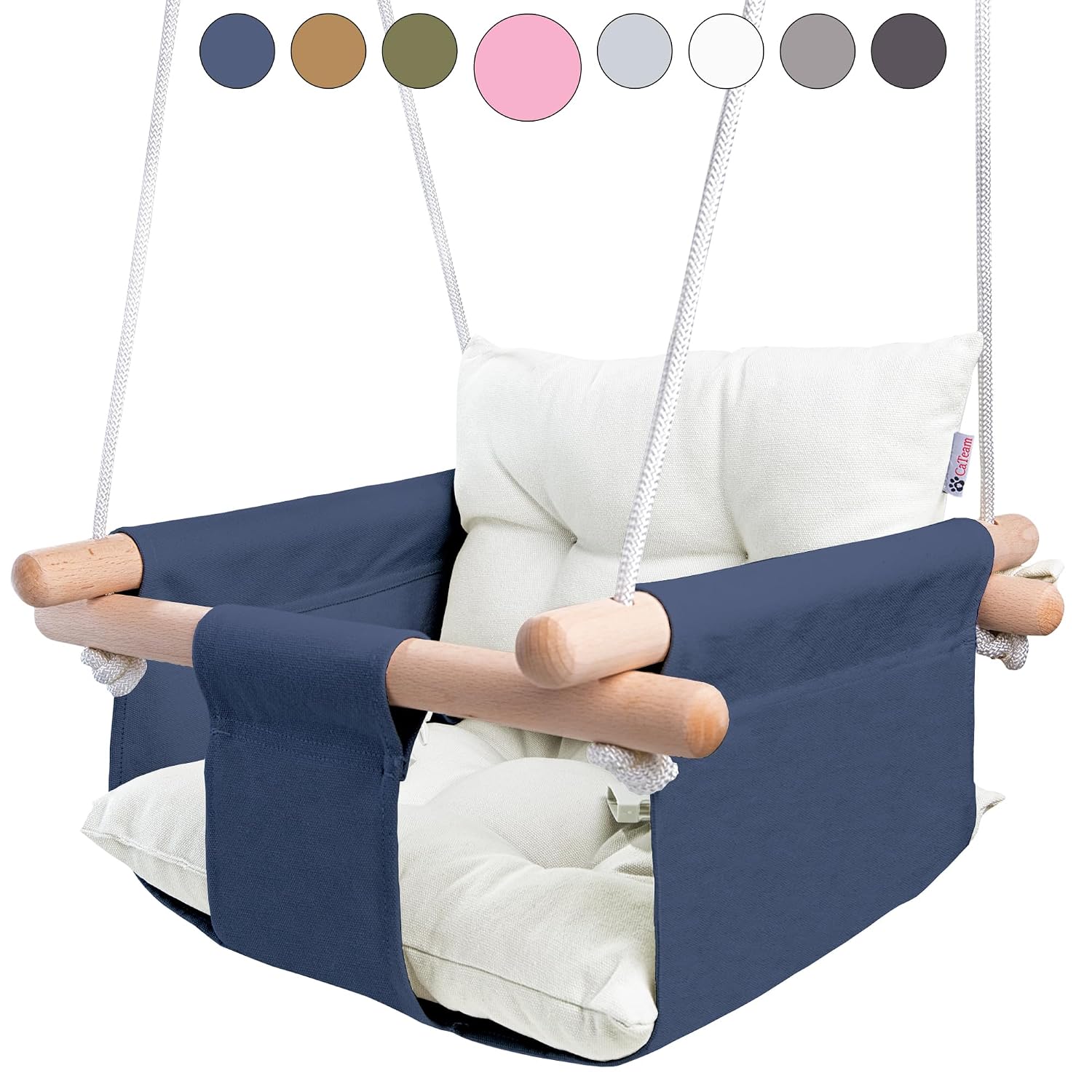 CaTeam Canvas Baby Swing Seat with 5-Point Safety Belt — Wooden Hanging Toddler Swing, Indoor & Outdoor, Ages 1-4, Ceiling Mount Hardware Included