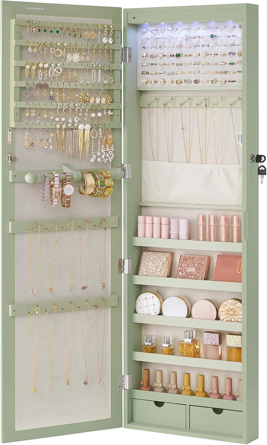SONGMICS 6 LEDs Mirror Jewelry Cabinet, 47.2-Inch Tall Lockable Wall or Door Mounted Jewelry Armoire Organizer with Mirror, 2 Drawers, 3.9 x 14.6 x 47.2 Inches, White UJJC93W