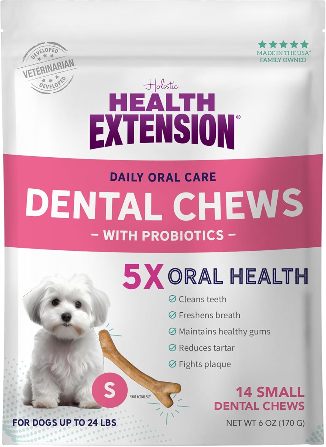 Health Extension Probiotic Dental Bones for Dogs, 14 Small Bones, Cleans Teeth, Healthy Gums, Freshens Breath, Training or Reward, 6 oz Bag (Pack of 1)