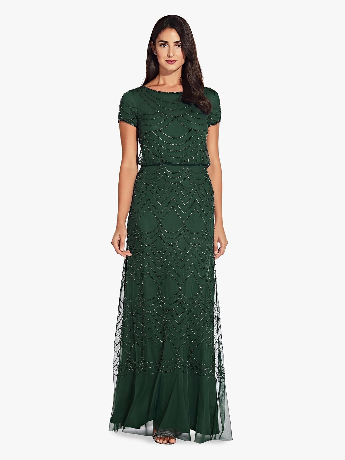 Adrianna Papell Womens Short Sleeve Blouson Beaded Gown