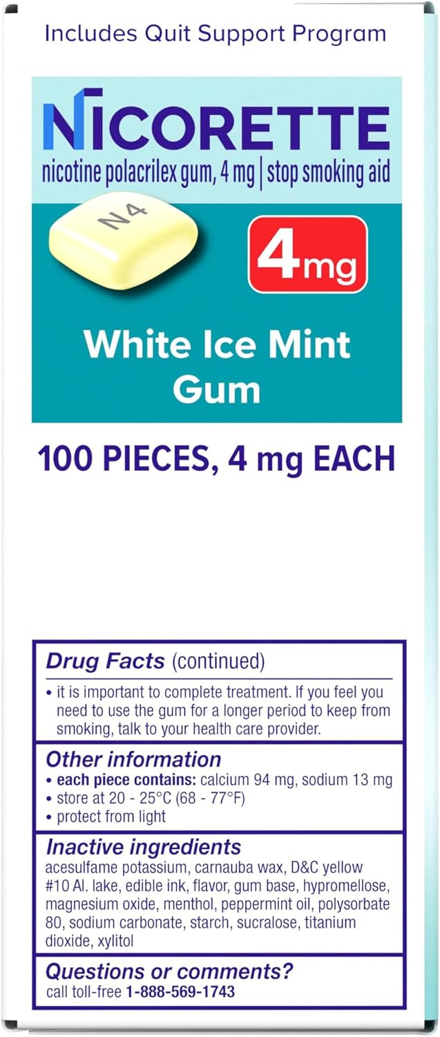 Nicorette Nicotine Gum 4mg, Quit Smoking Aid, White Ice Mint, 20 Count | Reduces Nicotine Cravings and Withdrawal Symptoms, Intense Craving Relief, Portable Smoking Cessation Gum