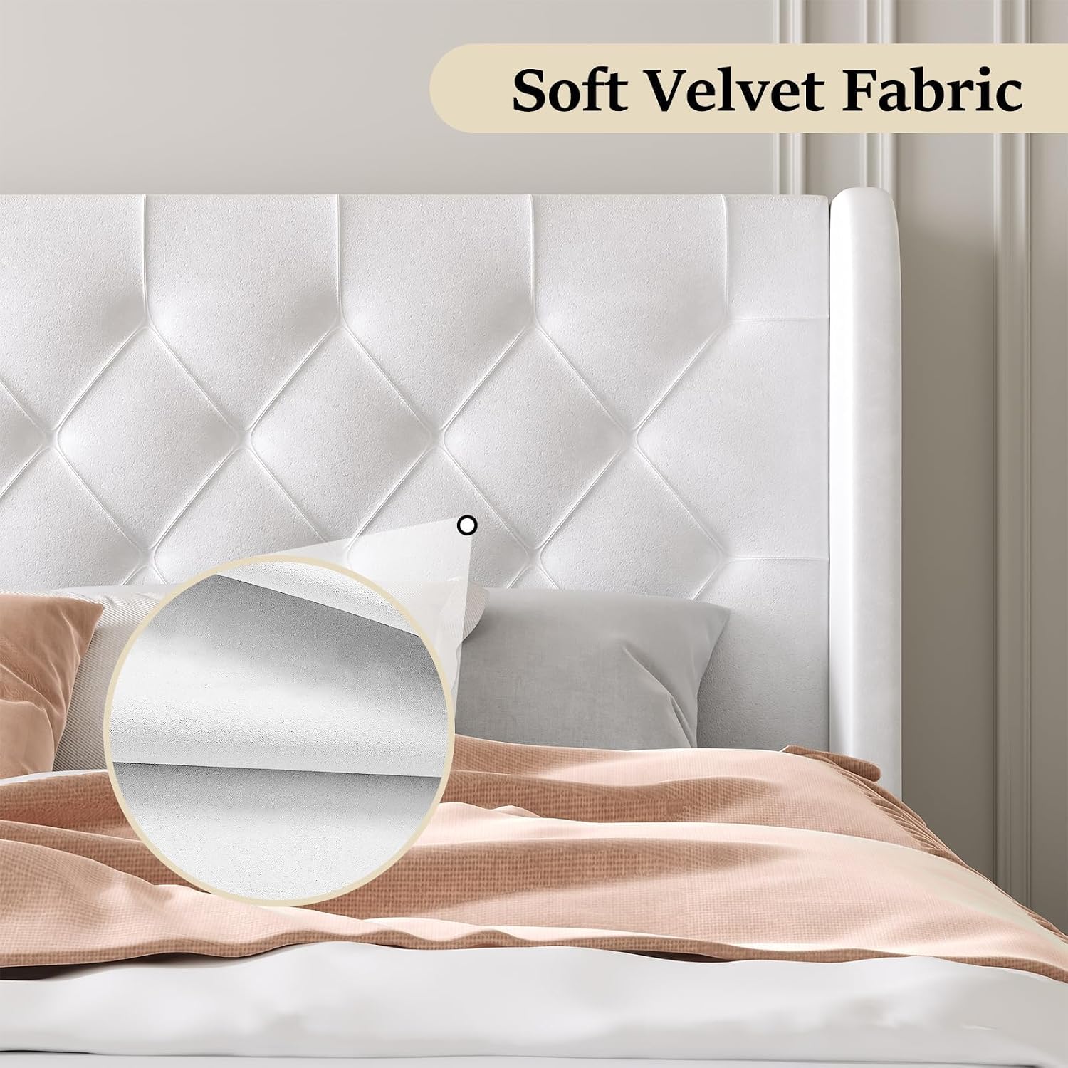 HOMBCK Full Size Bed Frame with Headboard, Upholstered Platform Bed, White | Velvet Tufted Curved Wingback/Wooden Slats Support/No Box Spring Needed/Noise-Free/Easy Assembly