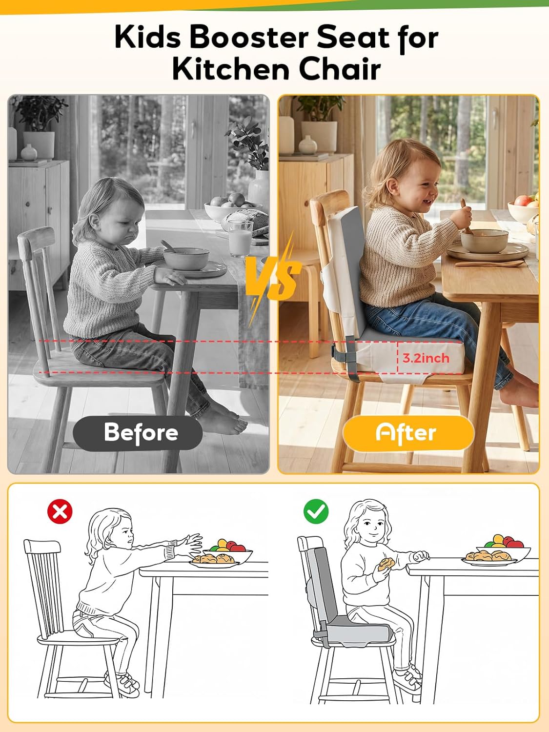 Booster Seat for Kitchen Chair - Toddler Booster Seat for Dining Table - PU Washable Double-Safety Straps with Buckle