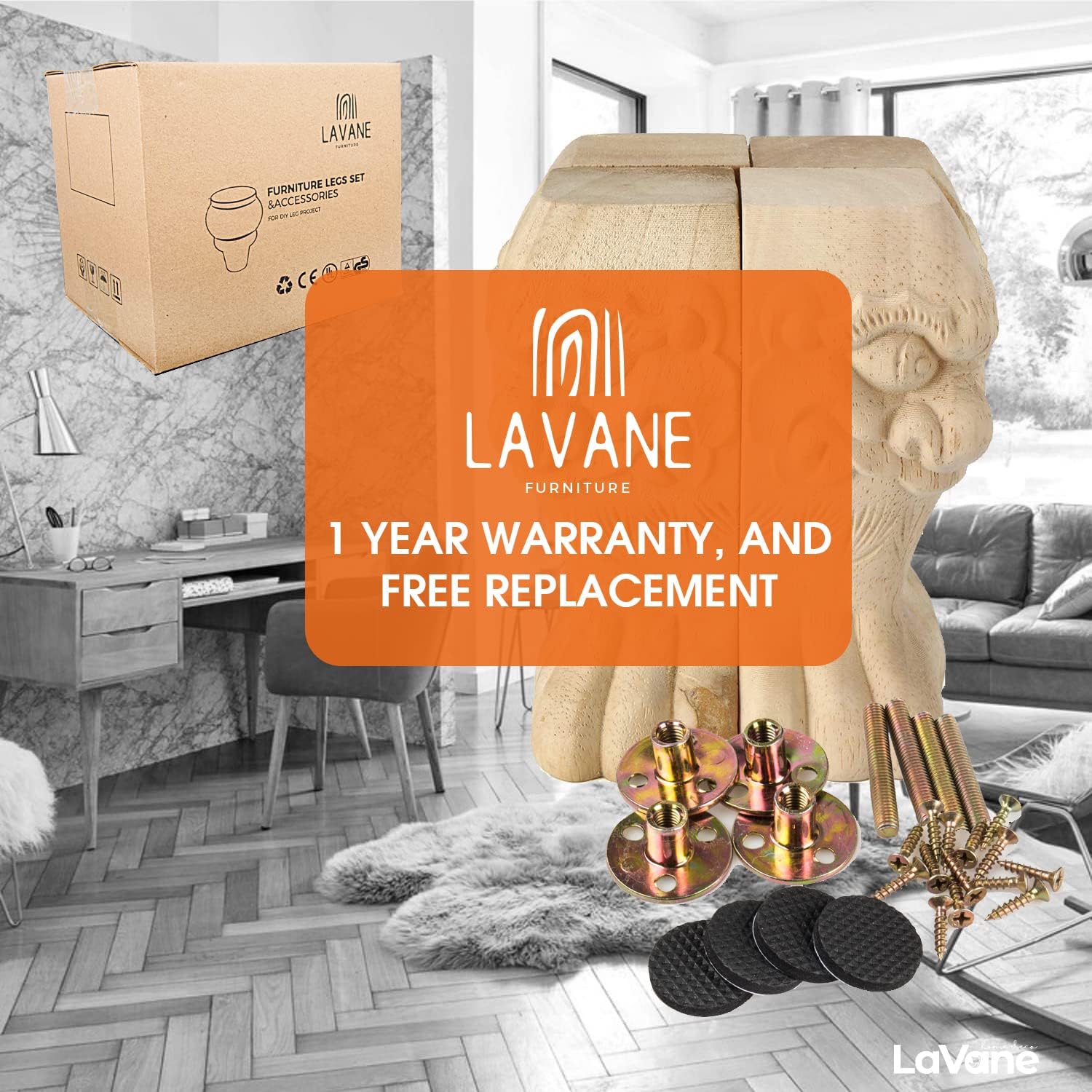 La Vane 6 inch / 15cm Wooden Furniture Legs, Set of 4 European Style Solid Wood Carving Furniture Replacement Feet Decoration for Sofa Cabinet Wardrobe Table Loveseat