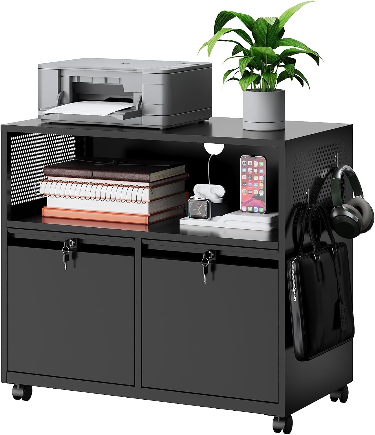 MIIIKO 3 Drawer File Cabinet with Lock, Metal Lateral Rolling Printer Stand Filing Cabinets for Home Office Storage,A4, Letter,File Folders(White)