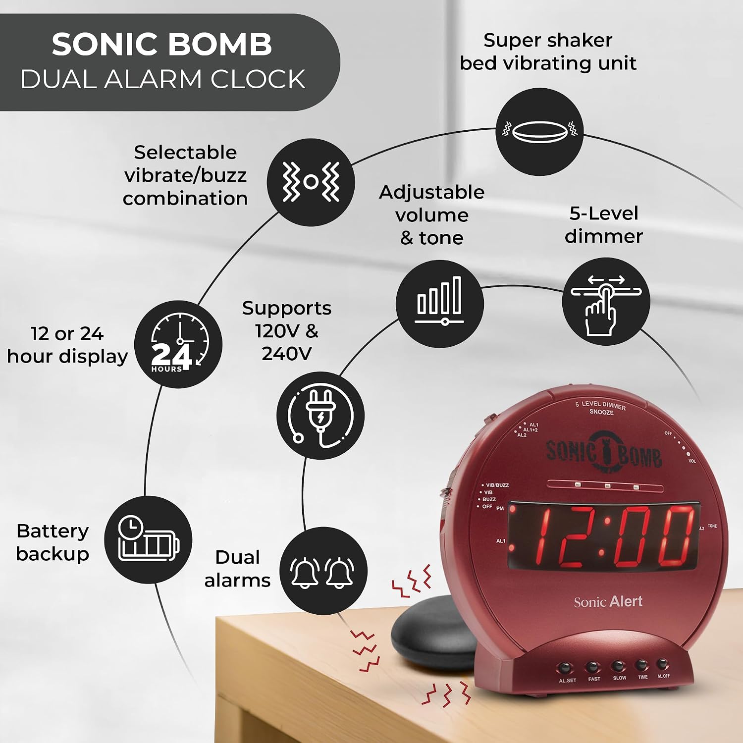 Sonic Bomb Dual Extra Loud Alarm Clock with Bed Shaker, Black | Sonic Alert Vibrating Alarm Clock Heavy Sleepers, Battery Backup | Wake with a Shake
