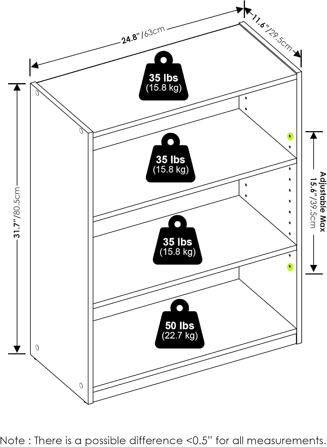 Furinno Jaya Book Shelf, 3-Tier Bookshelf, Bookcase with Adjustable Shelves, 9.5 x 24.5 x 40.3, for Organization and Storage, for Living Room, Bedroom, Home Office, White