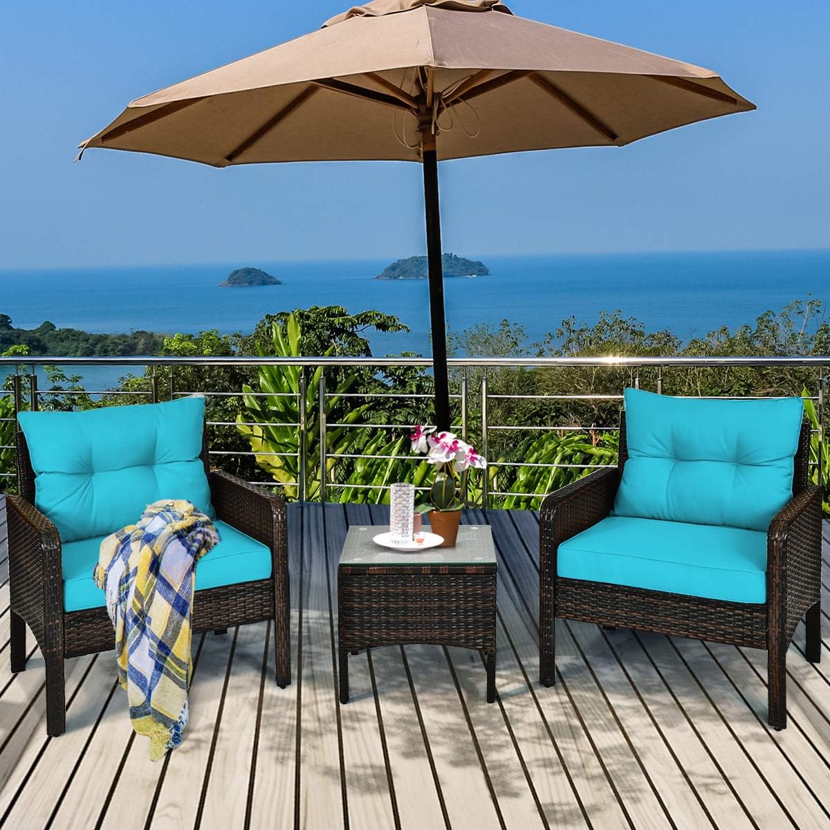 Tangkula 3 Piece Outdoor Patio Furniture Set, Wicker Chairs Set with Glass Top Coffee Table, Thick Cushions