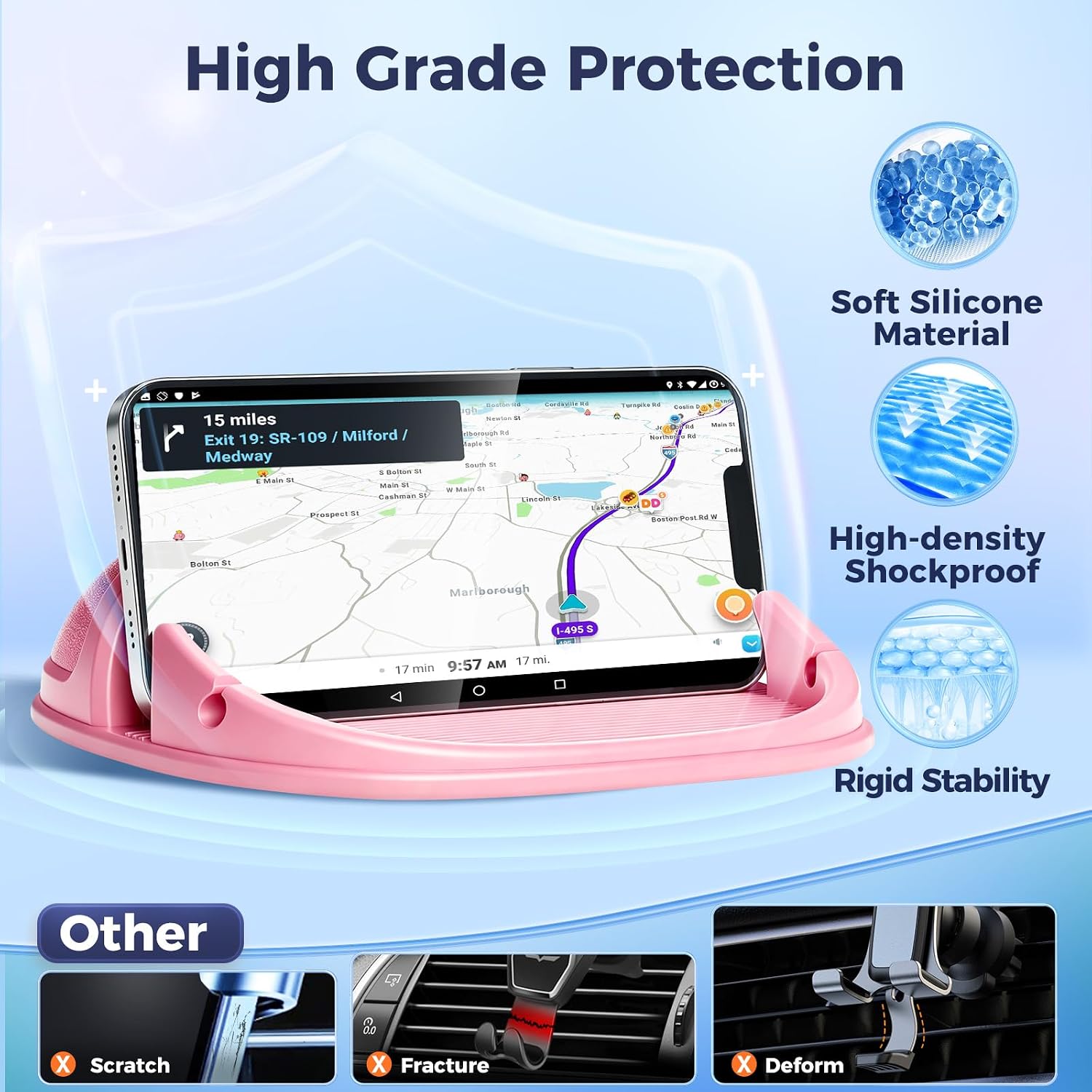 Loncaster Car Phone Holder, Car Phone Mount Silicone Car Pad Mat for Various Dashboards, Slip Free Desk Phone Stand Compatible with iPhone, Samsung, Android Smartphones, GPS Devices and More, Black