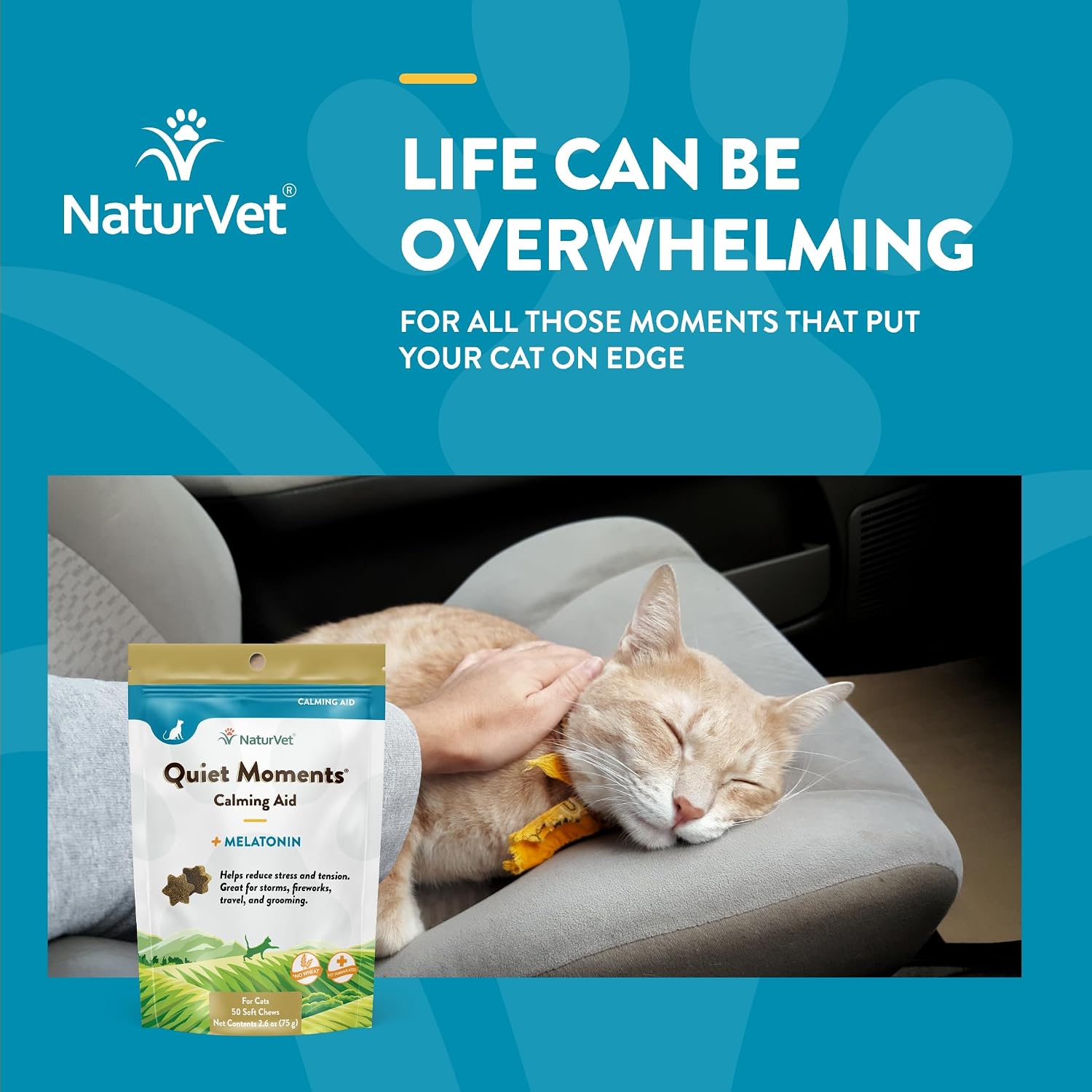 NaturVet Quiet Moments Calming Plus Melatonin Cat Supplement - 50 Count | Calming Aid for Cats - Reduce Stress, Pet Storm Anxiety, Motion Sickness - Great for Grooming, Separation and Travel