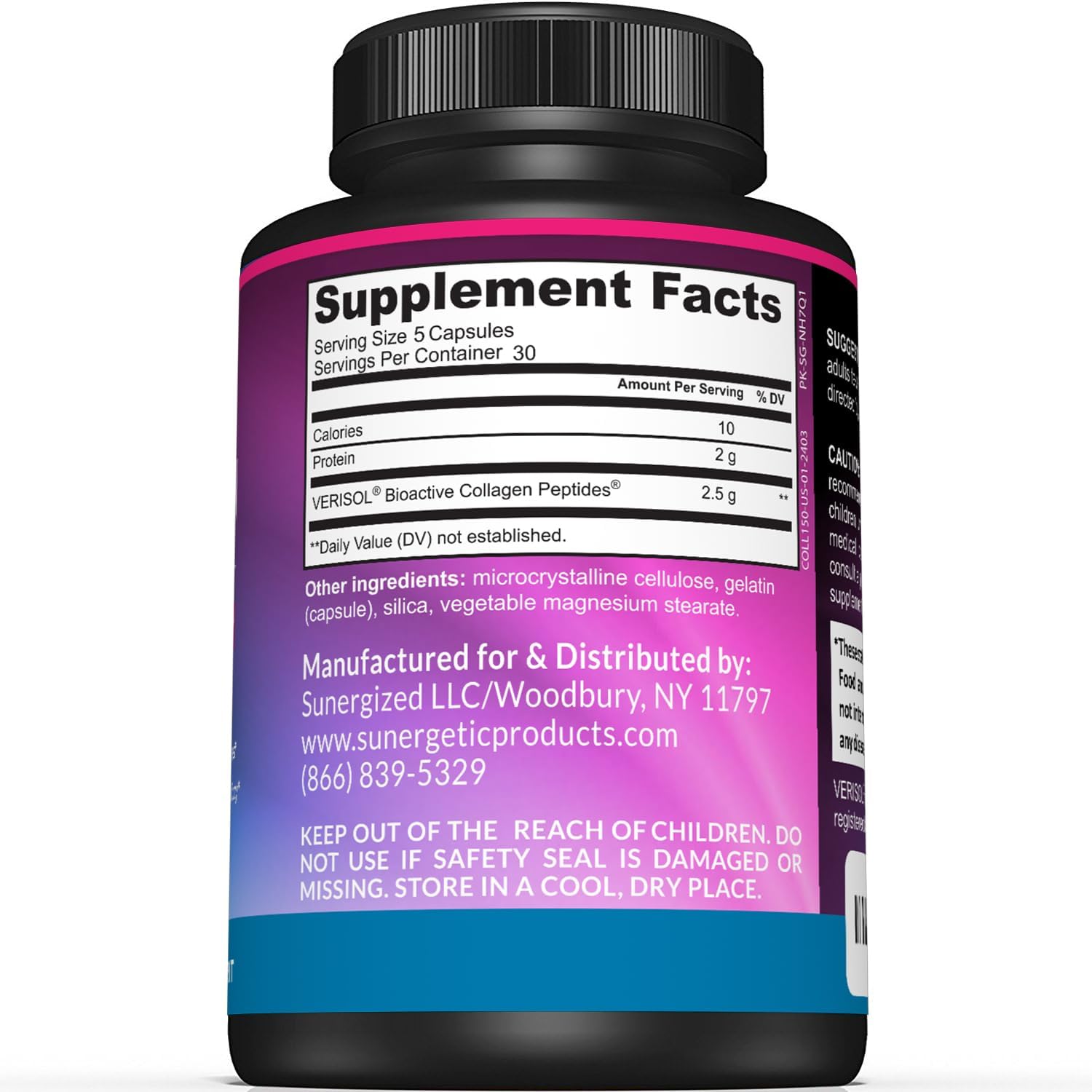 Sunergetic Premium Collagen Peptides Capsules – 2500 mg of VERISOL Collagen Peptides Type 1 & Type 3 – Multi Collagen Supplement to Support