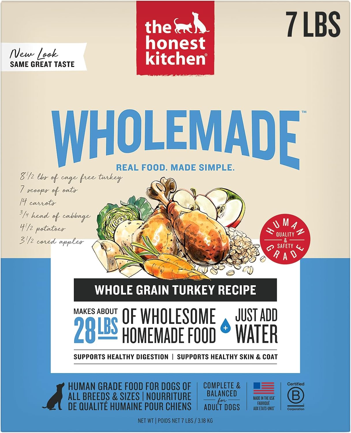 The Honest Kitchen Human Grade Wholemade™ Dehydrated Whole Grain Dog Food – Complete Meal or Dog Food Topper – Turkey 4 lb (Makes 16 lbs)